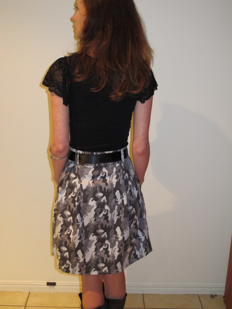 Megan Nielsen's Kelly Skirt in camo - back view