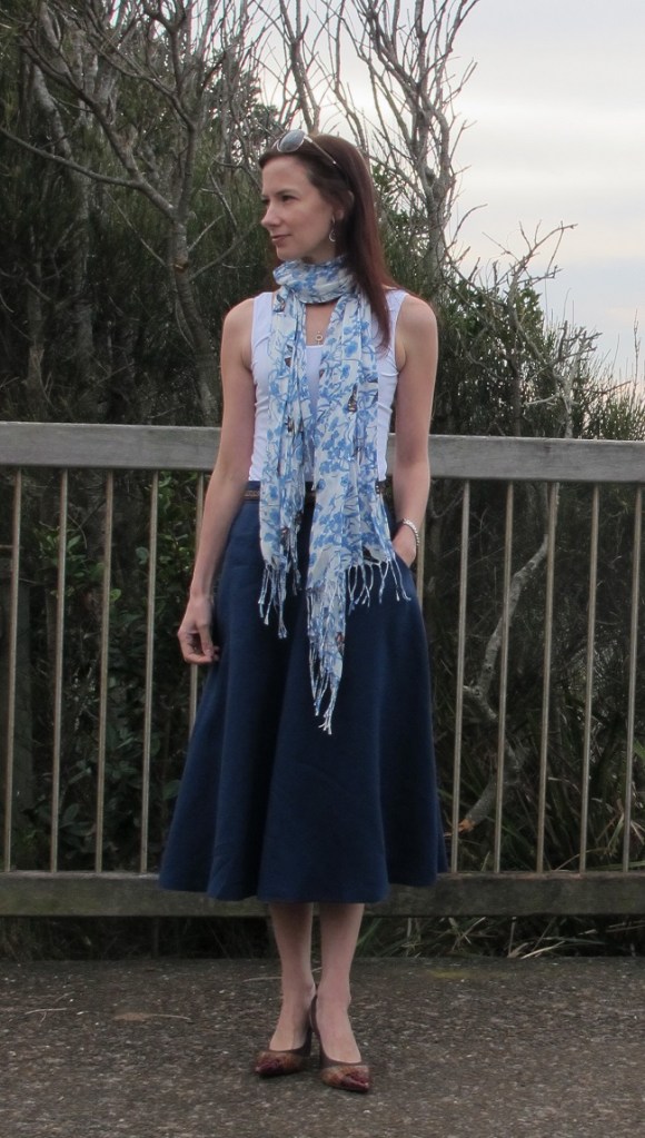 Sewaholic Hollyburn with a white tank and a scarf