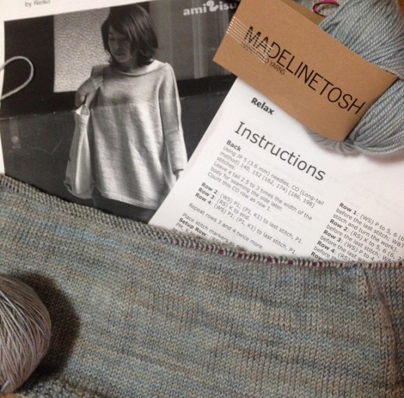 Relax - knitting in MadelaineTosh Pashmina, Fallen Cloud. A pattern from Ravelry