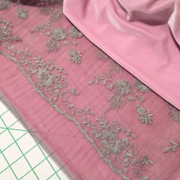 My materials - stretch velvet, silver lace and dark pink, light pink & grey netting