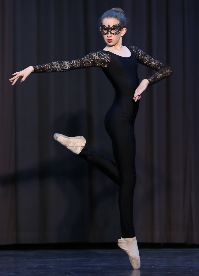 Zoe dressed as a 'Jewel Thief' in a Jalie Ballet Unitard with stretch lace sleeves.