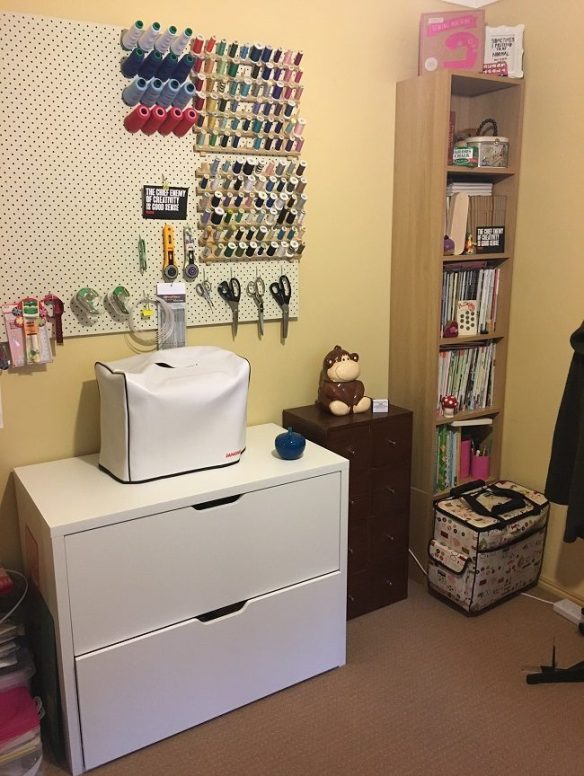 My pattern storage, pegboard and book shelf.