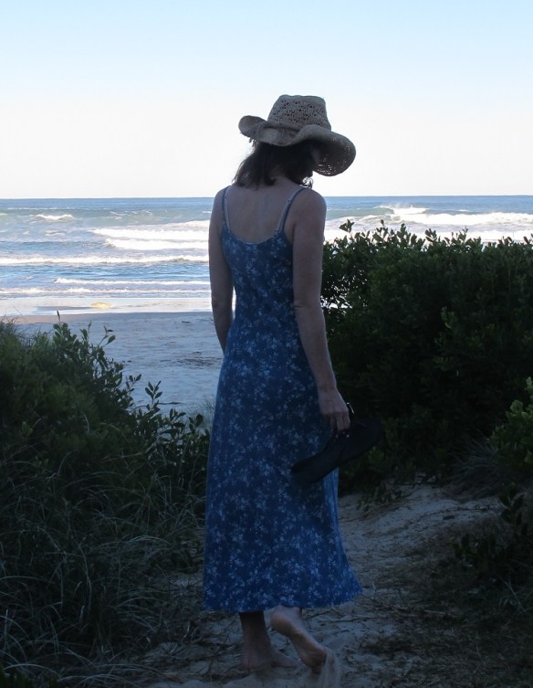 Sadie Slip Dress, back view. Sewn in lightweight tencel denim. Pattern by Tessuti Fabrics